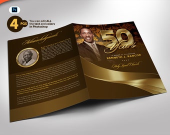 Pastor Anniversary Church Program PHOTOSHOP Template Gold (8.5x11 and 5.5x8.5) 4 pages
