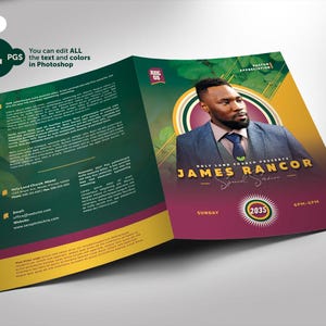 May include: A green and gold funeral programme with a photo of a man in a suit. The programme includes the text "Holy Land Church Presents James Rancor Special Service" and the date "Sunday, 2035".