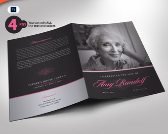 Funeral Program Template: Gray & Pink Obituary, 4 Pages (Photoshop)