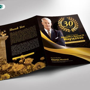 Pastor Anniversary Program Template Gold and Black Publisher and Word Bi-Fold (8.5x11 and 5.5x8.5) 4 Pages