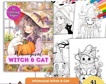 41 Whimsical Witch and Cat  Coloring Book , Adults kids Instant Download -Grayscale Coloring Book -Printable PDF.