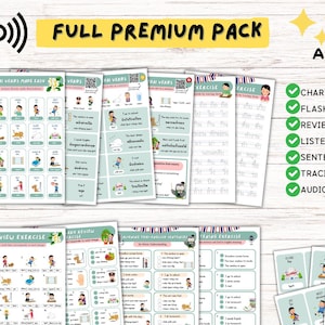 May include: A set of colourful Thai verb learning worksheets for children. The worksheets include a chart, flashcards, review exercises, listening activities, sentence building, tracing, and audio. The worksheets feature illustrations of animals and everyday objects.
