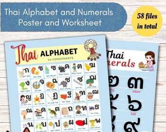 Full Package of Thai Alphabet and Numerals Tracing Worksheets with Poster and additional Exercise