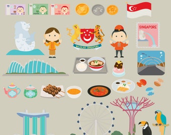 Singapore , Merlion ,Singapore  landmark clip art set  , graphic illustration , web graphic elements, instant download file,digital art