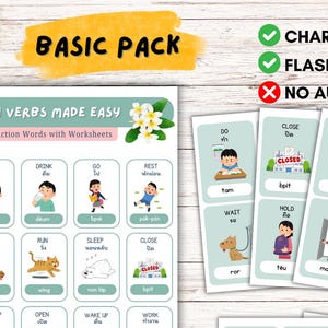 May include: A set of 20 Thai verb flashcards with illustrations and English translations. The flashcards are green and white with a cartoon character on each card. The cards are arranged in a grid with the words "Thai Verbs Made Easy" at the top. The words "Chart", "Flashcards", and "No Audio" are checked off in a list on the right side of the image.