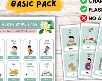 Essential Thai Verbs Flashcards & Chart | Basic Pack | No Audio