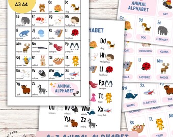 Animal Alphabet Chart & Flashcards: A3/A4 Educational Print (PDF)