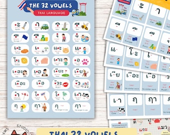 Tabla de vocales tailandesas y tarjetas didácticas: imprimibles (A3/A4) (descarga digital)