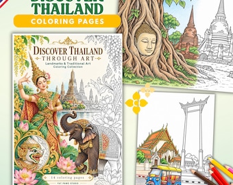 Thailand Coloring Pages, Thai Landmarks and Traditional Art, Printable Adult Coloring Book, Temple Travel Activity, A4 Instant Download