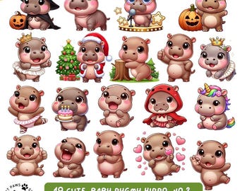 19 Cute Moo Deng Pygmy Hippo Clipart V.2 | Adorable Cartoon Hippo Illustrations | Digital Download PNG, JPG, SVG