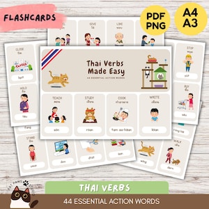 May include: Educational flashcards for learning Thai verbs, with illustrations and Thai text. The cards feature words such as "close," "hold," "teach," and "study." The set is labelled "Thai Verbs Made Easy" and includes 44 essential action words.