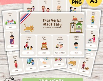 Thai Verbs Flashcards: 44 Essential Action Words (Printable PDF & PNGs