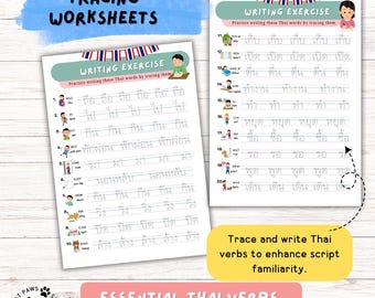 Thai Verbs Tracing Worksheet: Thai Handwriting Practice for Kids (PDF Download A4/Letter Size)