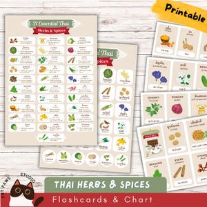 Ensemble de 31 cartes-éclair et affiches imprimables herbes et épices thaïlandaises essentielles A3 A4