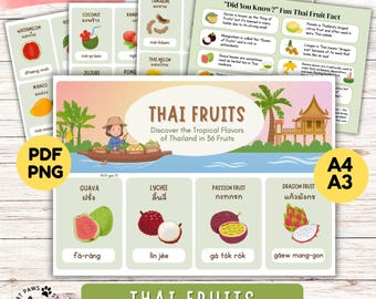 Thai Fruits Flashcards – 36 Must-Know Tropical Fruits | Bilingual Thai-English | PDF & PNG | A4 A3 Printable