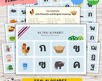 44 Thai Alphabet Matching Flashcards (Printable PDF)