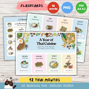 May include: Flashcards featuring Thai cuisine illustrations for each month, with English and Thai text. The cards showcase various dishes and are labeled with months like May, June, and July. The design includes the text "A Year of Thai Cuisine."