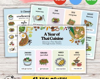 A Year of Thai Cuisine – 12 Thai Months with Iconic Dishes | Bilingual Flashcards (EN/TH)