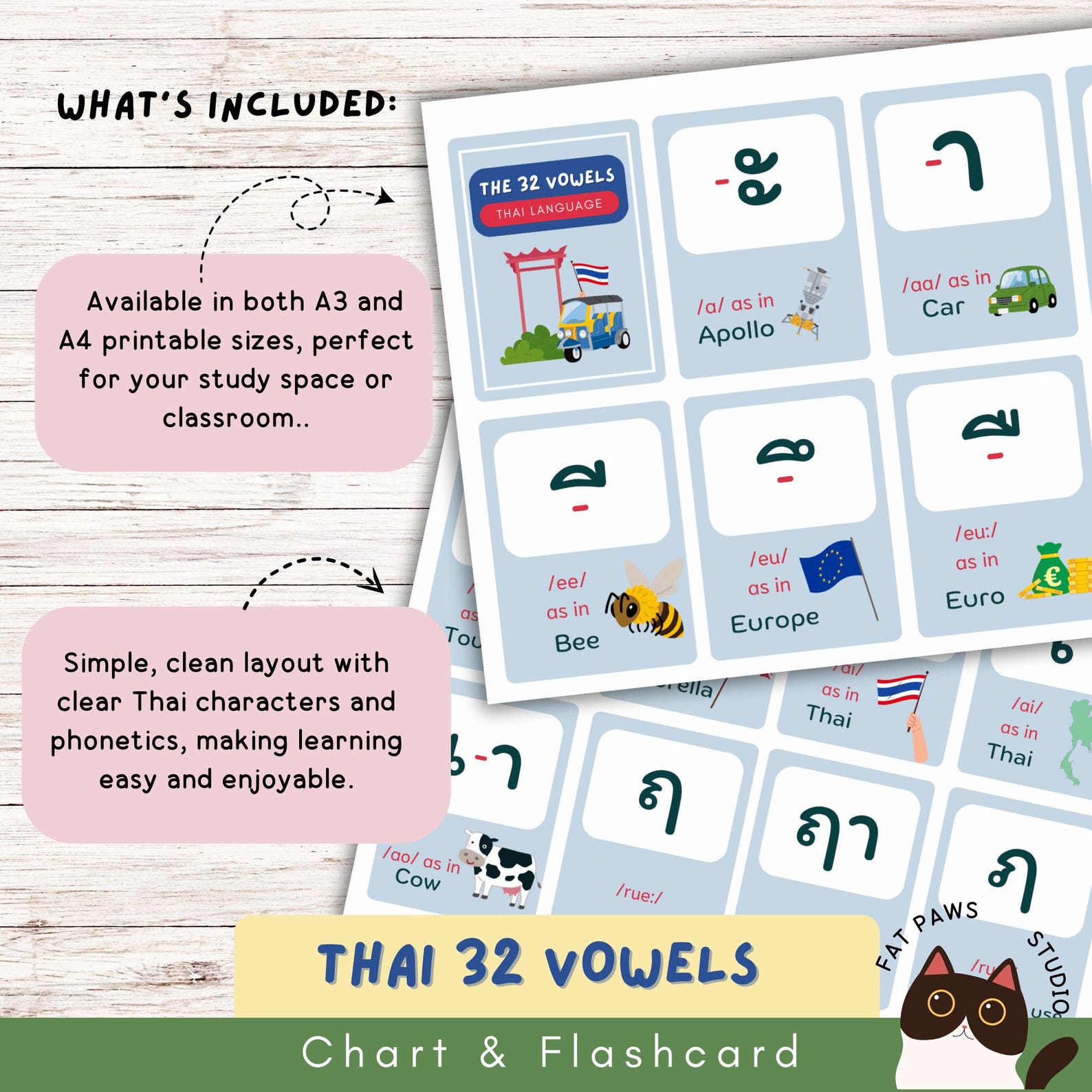 32 Thai Vowels Chart Flashcards Set Printable A3 & A4 Sizes Thai ...