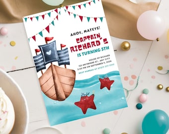 Puede incluir: ¡Ahoy, compañeros! El capitán Richard cumple 5 años. Un velero a rayas azules y blancas con un corazón rojo en la vela está en un mar azul con dos estrellas de mar rojas. La invitación es para una fiesta de cumpleaños a las 3:00 PM del 11 de septiembre de 2024. RSVP a Hannah al 07577 7777777.