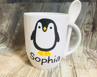 Personalised Christmas mug, personalised Christmas cup, personalised penguin mug, Christmas hot chocolate cup.