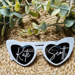 Wedding Personalised Surname Heart Sunglasses, Wedding Photo Prop, Retro White Love Heart Bride Sunglasses, Tenner Tuesday