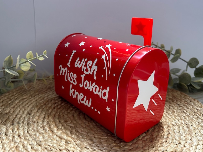 May include: Red metal mailbox with a white star and the text "I wish Miss Javaid knew..." on the side. The mailbox has a red flag on top.