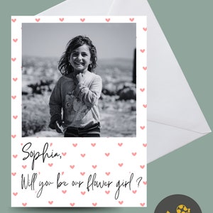 bloemenmeisje voorstel kaart briefkaart, gepersonaliseerde zal je mijn bruidsmeisje kaart, bruids partij voorstel, voorstel kaart foto harten