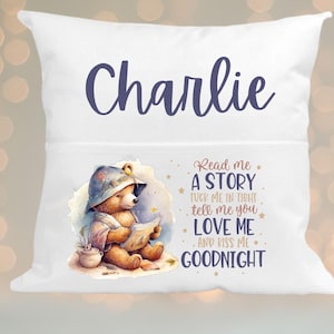 Bear Reading Book Cushion Cover, Personalised Pocket Cushion for Book, Children&#39;s Book Cushion, Bedroom Décor, First birthday gift