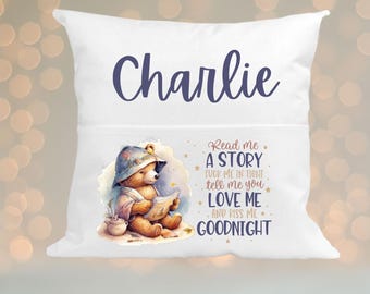 Bear Reading Book Cushion Cover, Personalised Pocket Cushion for Book, Children's Book Cushion, Bedroom Décor, First birthday gift