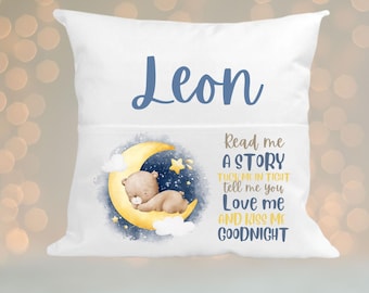 Bear Reading Book Cushion Cover, Personalised Pocket Cushion for Book, Children's Book Cushion, Bedroom Décor, Children Gift