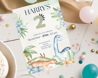 Peut inclure: Une invitation d'anniversaire de dinosaure bleue et verte avec un design aquarelle. L'invitation dit "HARRY'S" et présente le chiffre "2" avec un dinosaure au-dessus. L'invitation comprend également la date "Novembre | 27th | 12 am" et un numéro de téléphone pour RSVP.