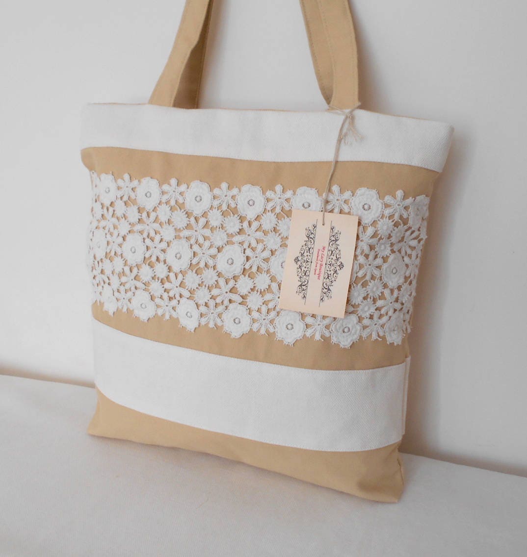 Lace Tote Bag Floral Bag Beige Canvas Tote Summer Bag | Etsy