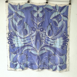 Hand Painted Silk Scarf, Vintage Silk Scarf, Birds pattern Scarf, Purple Silk Scarf, Handmade Scarf, Handmade Gift, Frey Silk Scarf