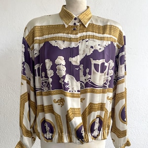 Vintage 80s Equestrian Blouse, Purple Horse Carriage Pattern Blouse, Jacket Style Blouse, Horse Lovers Fashion, Equestrian Vintage Clothing