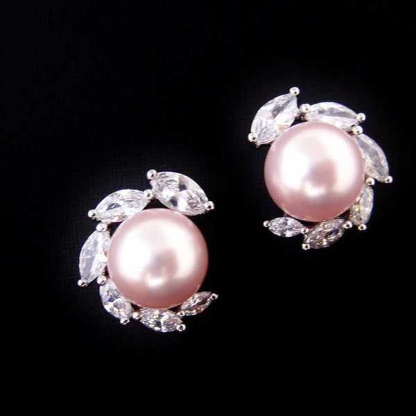 Bridal Light Pink Pearl Stud Earring 10mm Rosaline Pearl Earrings Floral Cubic Zirconia Earrings Wedding Bridesmaid Gift (E305)