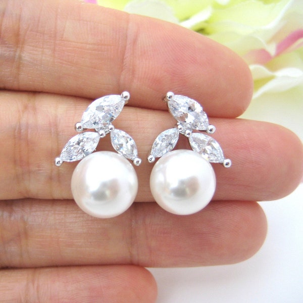 Bridal Pearl Stud Earrings Floral Cubic Zirconia Wedding Earrings 10mm Round Pearl Bridesmaid Gift Prom Earrins (E200)
