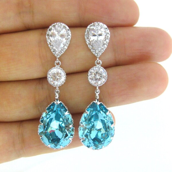 Boucles d'oreilles de mariage en cristal bleu sarcelle Boucles d'oreilles en forme de larme Tige d'oxyde de zirconium cubique avec cadeau de demoiselle d'honneur en argent sterling (E144)