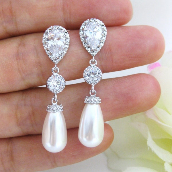 Bridal Pearl Earrings Wedding Teardrop Pearl Earrings Bridesmaid Earrings Cubic Zirconia Earrings, Drop Dangle Earrings (E089)