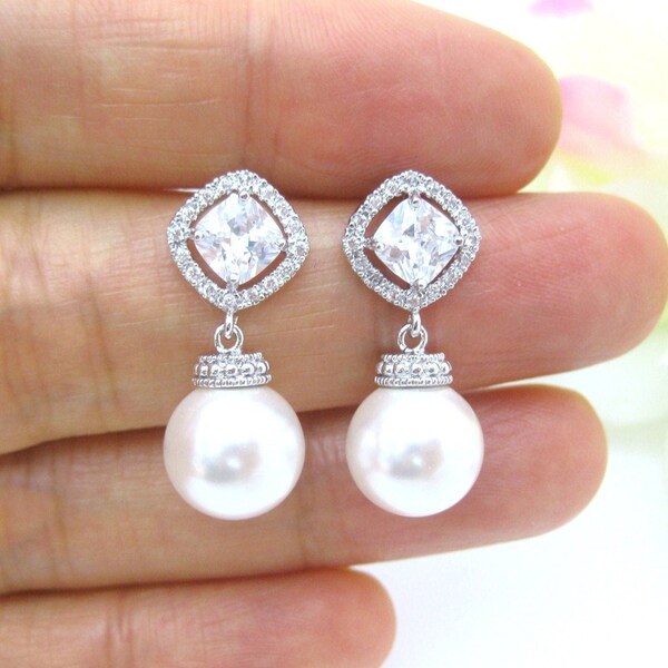 Bridal Pearl Earrings, Cubic Zirconia Stud with Sterling Silver Post, Classic Wedding Pearl Earrings, Bridesmaid Gift, Birthday Gift (E003)