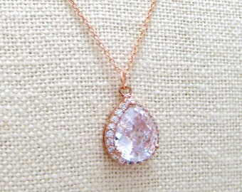 Bridal Crystal Necklace Gold Lux Large Clear Cubic Zirconia Teardrop Necklace Wedding Pendant Jewelry Sparky Necklace Bridesmaid Gift N010
