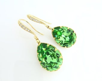 Light Green Crystal Earrings Wedding Peridot Teardrop Earrings Foiled Fancy Rhinestone Cubic Zirconia Deco Gold Hook Earrings (E190)