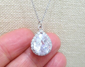 Bridal Crystal Necklace Gold Lux Large Clear Cubic Zirconia Teardrop Necklace Wedding Pendant Jewelry Sparky Necklace Bridesmaid Gift N010