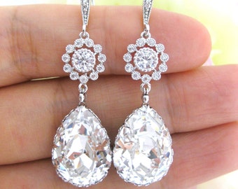 Crystal Bridal Earrings Wedding Rhinestone Teardrop Earrings CZ Deco White Gold Hook Earrings Bridesmaid Gift Prom Earrings (E063)