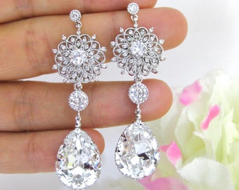 Crystal Bridal Earrings, Wedding Chandelier Earrings, Austrian Crystal Earrings, Birthday Gift, Christmas Gift (E063)