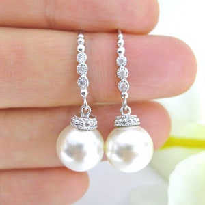 Bridal Pearl Earrings, 10mm Round Pearl, Cubic Zirconia Deco Hook, Classic Wedding Pearl Earrings, Bridesmaid Gift, Birthday Gift (E132)