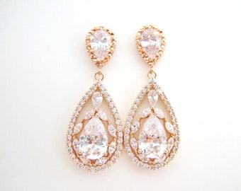 Bridal Crystal Earrings Cubic Zirconia Floral Earrings Rose Gold Teardrop Earrings Bridesmaid Gift Birthday Gift (E207)