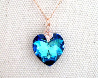 Bermuda Blue Crystal Necklace Heart Love Necklace Bridesmaid Gift Valentine's Day Christmas Gift (E001)