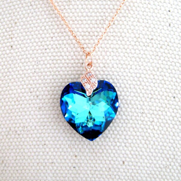 Bermuda Blue Crystal Necklace Heart Love Necklace Bridesmaid Gift Valentine's Day Christmas Gift (E001)