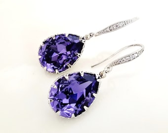 Tanzanite Fancy Cyrstal Earrings Austrian Purple Rhinestone Teardrop Earrings Cubic Zirconia Deco Silver Hook Bridesmaid Gift (E145)